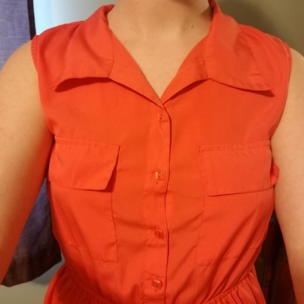 Bright orange sleeveless collar high low dress